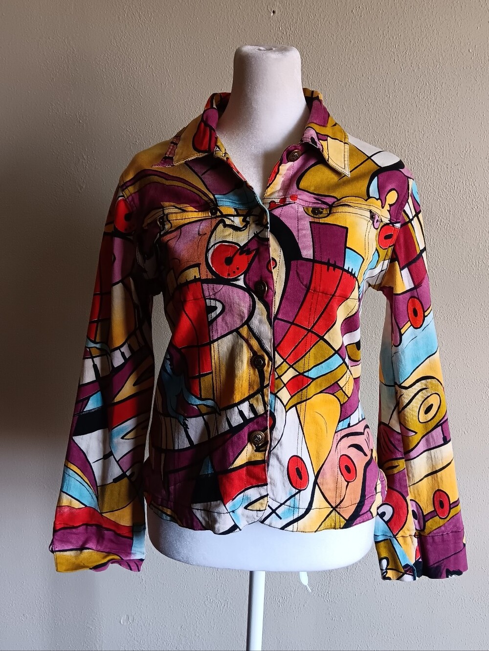 Y2K 90s Vibrant Abstract Multicolor Artsy Button Up Jacket Mirror Image Small - Picture 12 of 12